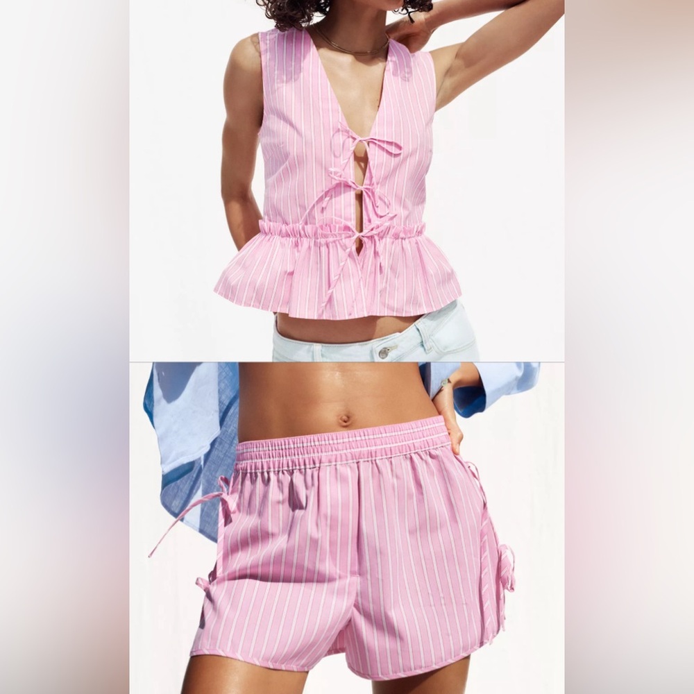 Striped pink poplin bow set